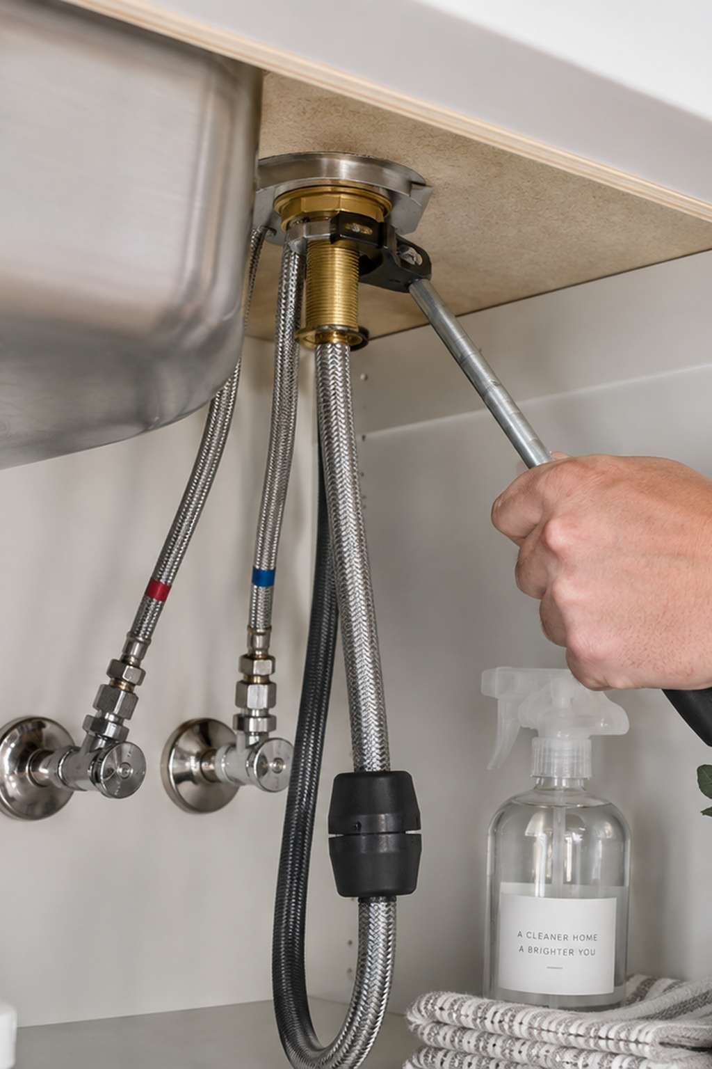Basin wrench tightening a mounting nut under a kitchen faucet