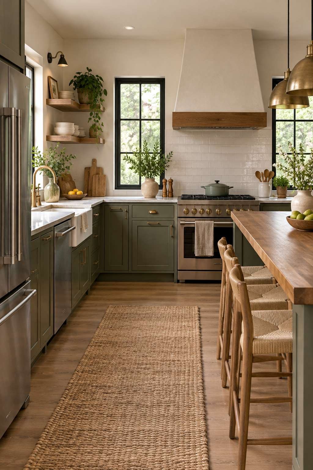 Kitchen island with pendant lights and warm under-cabinet lighting