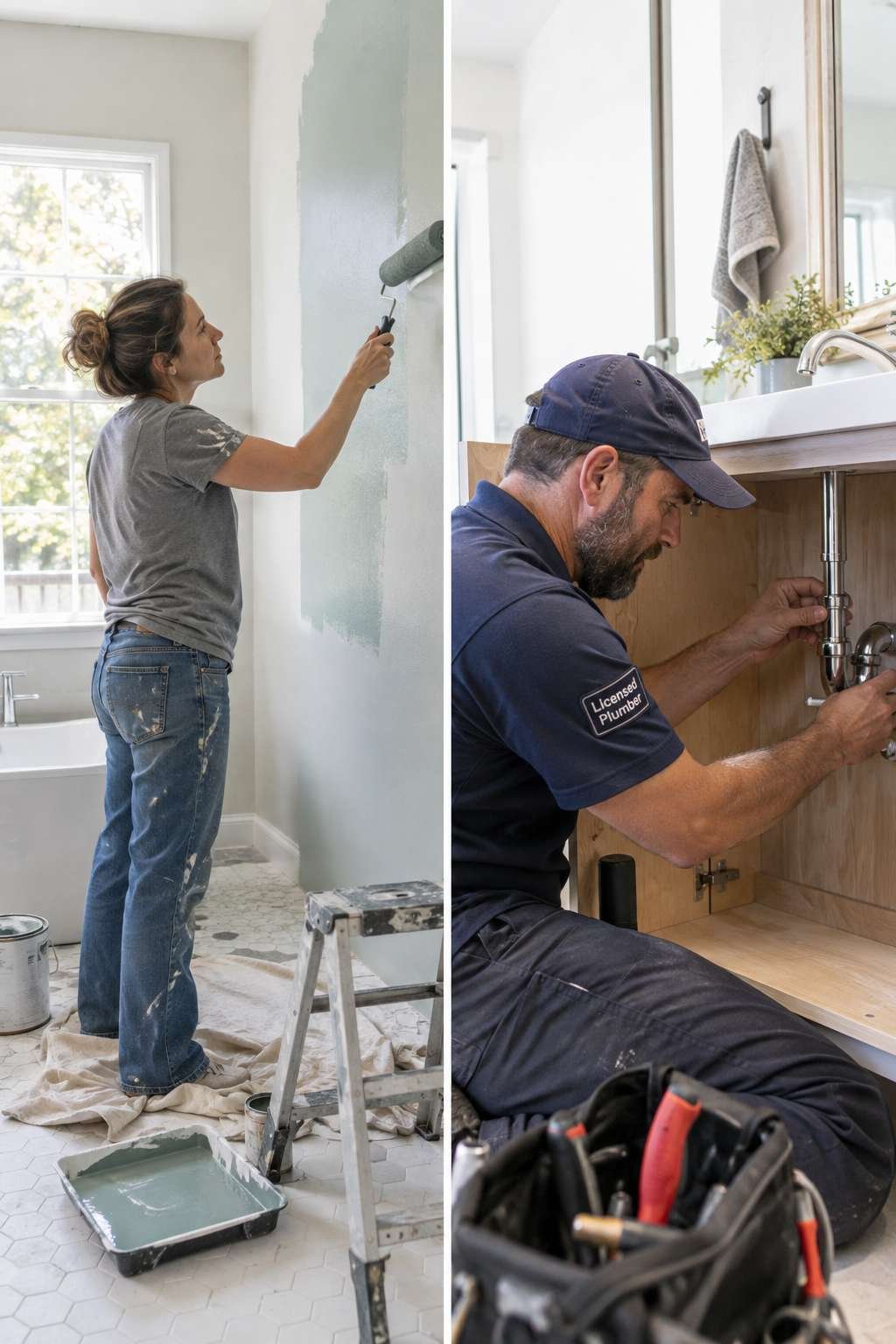 Homeowner painting versus professional plumber working on a bathroom remodel