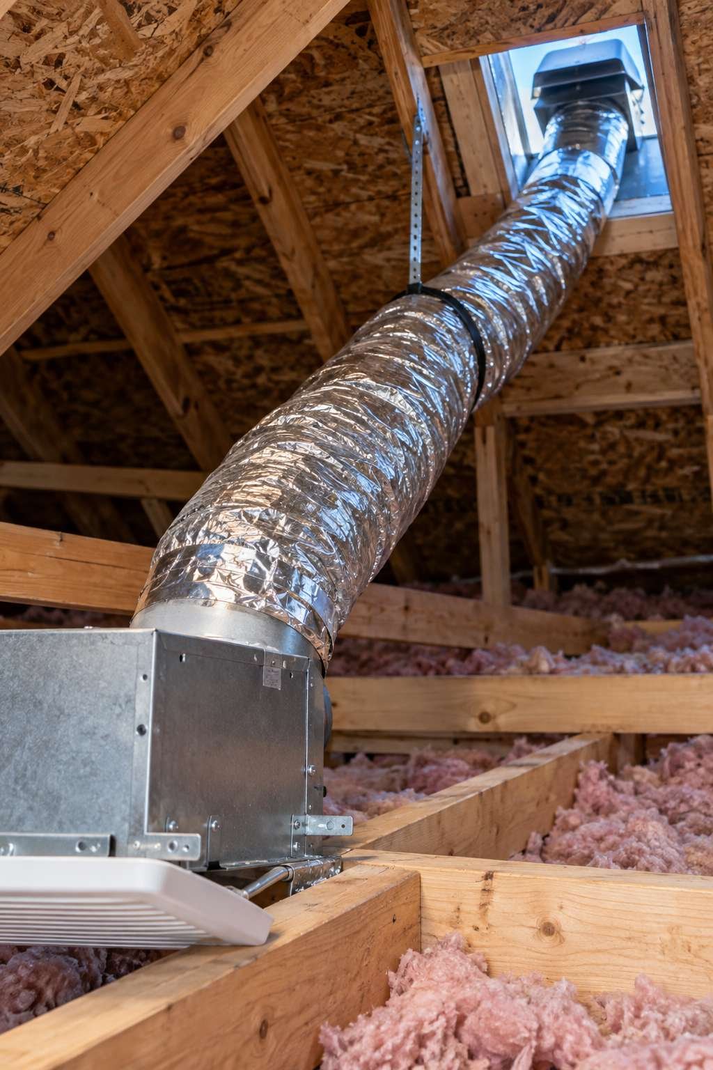 Flexible ductwork sealed with foil tape running to an exterior roof vent