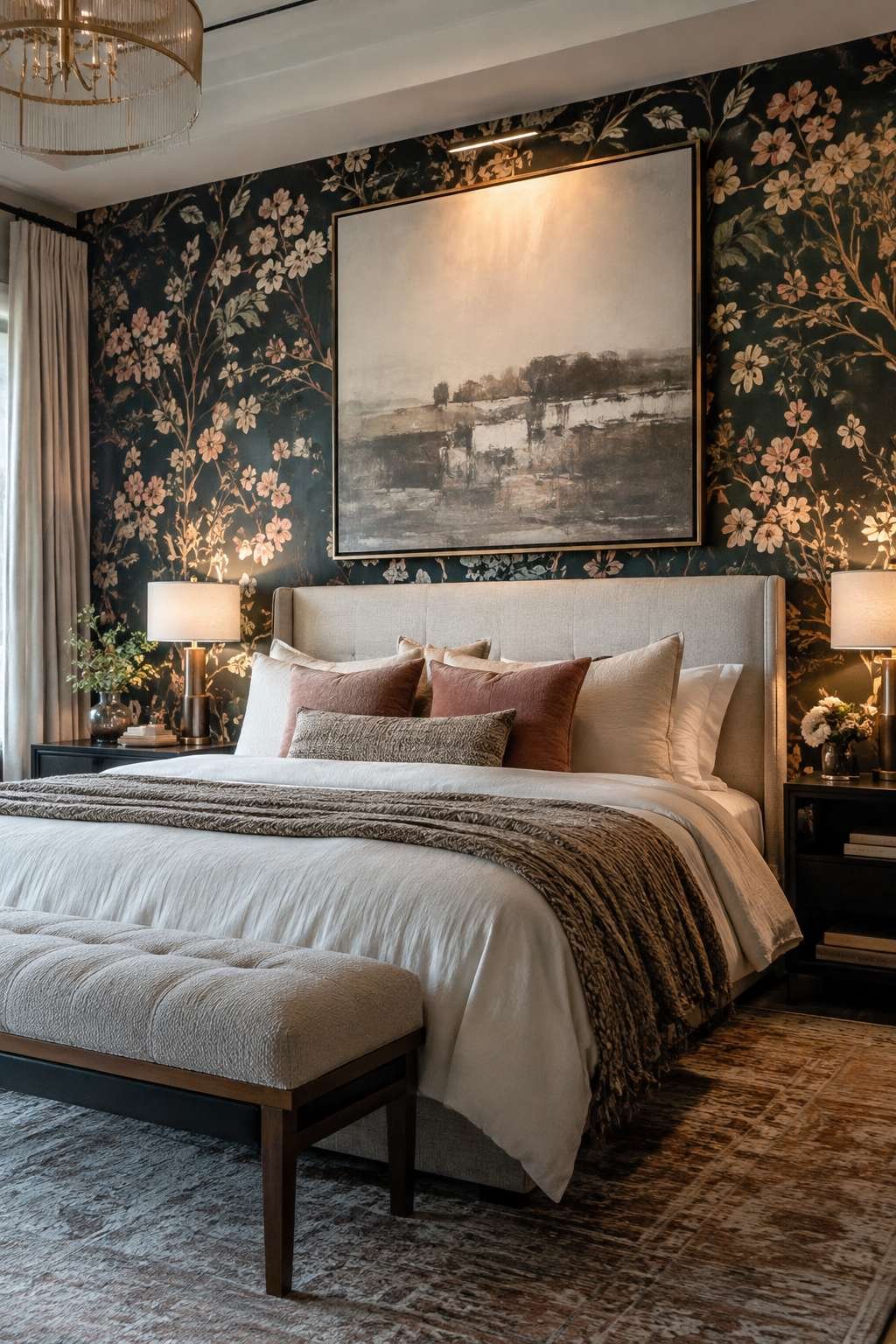 Bedroom focal wall with wallpaper and artwork behind the upholstered headboard