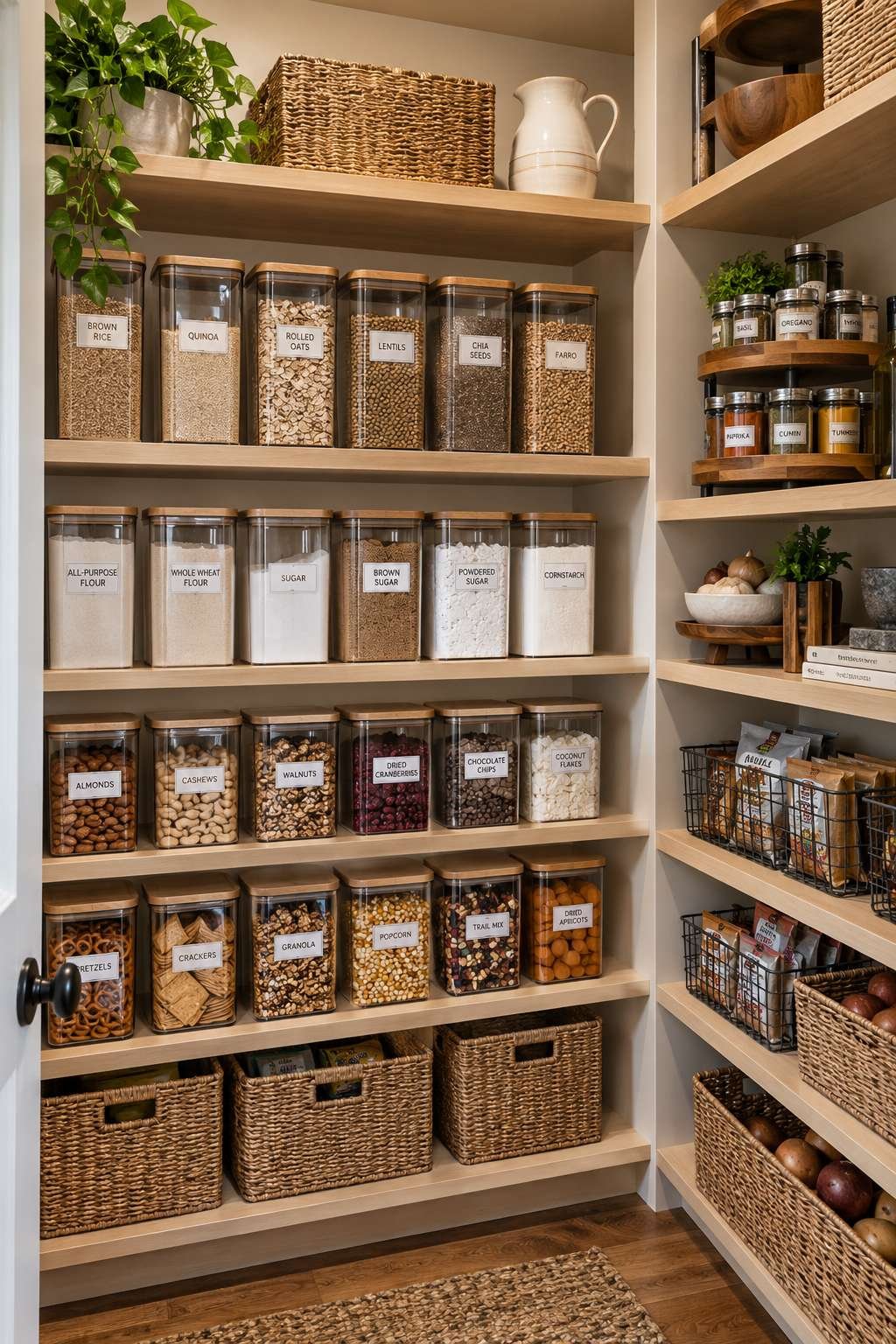 Pantry cabinet with clear labeled containers and a lazy Susan for spice jars