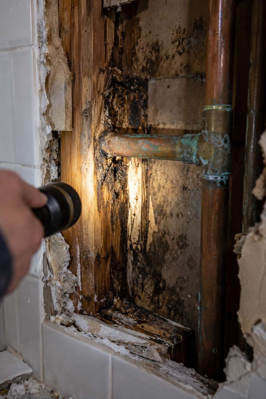 Water-damaged wall and aging pipes exposed during a bathroom remodel, showing hidden renovation costs