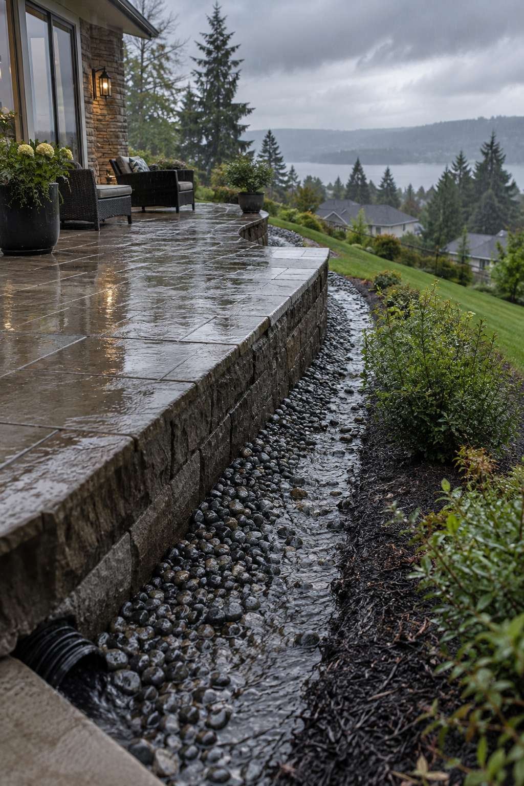 Gravel-filled French drain trench along the low edge of a sloped backyard patio