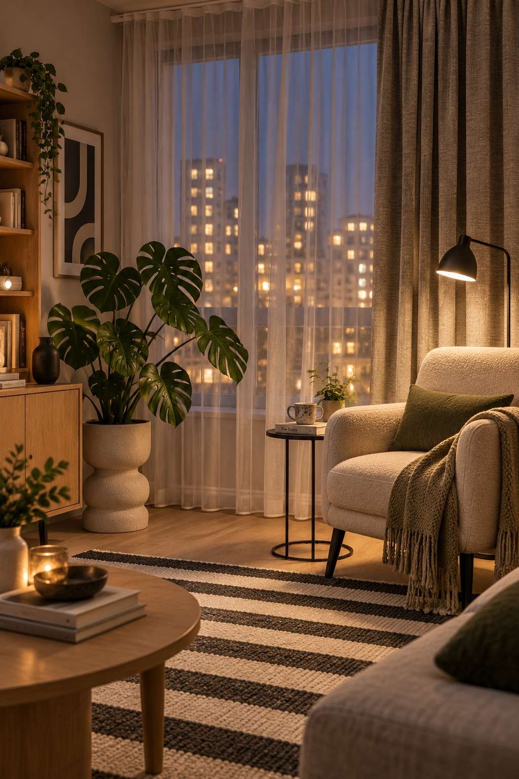 Layered sheer and heavy curtains balancing light and privacy at night