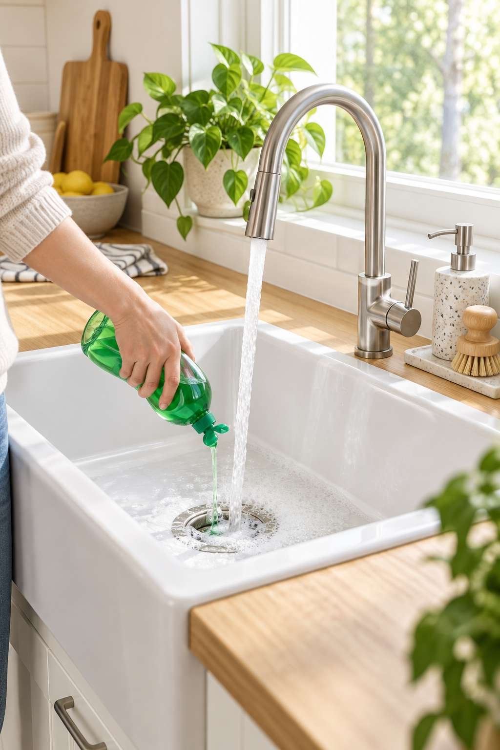 Dish soap and hot water flushing grease from a kitchen sink drain
