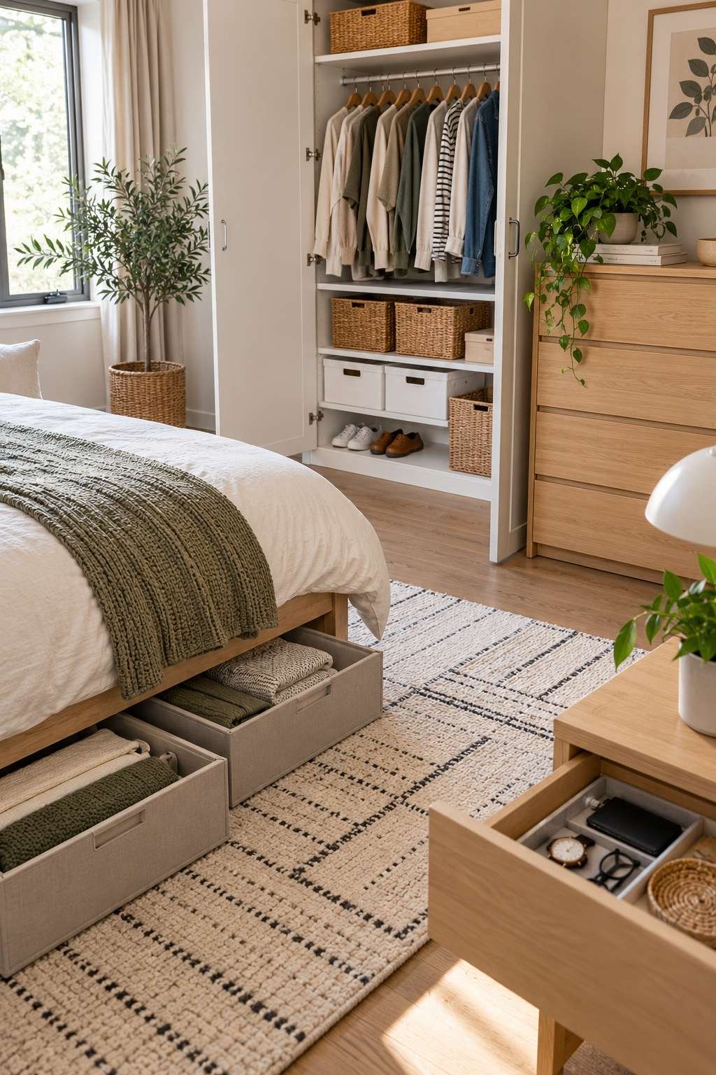 Bedroom storage solutions including baskets and under-bed bins