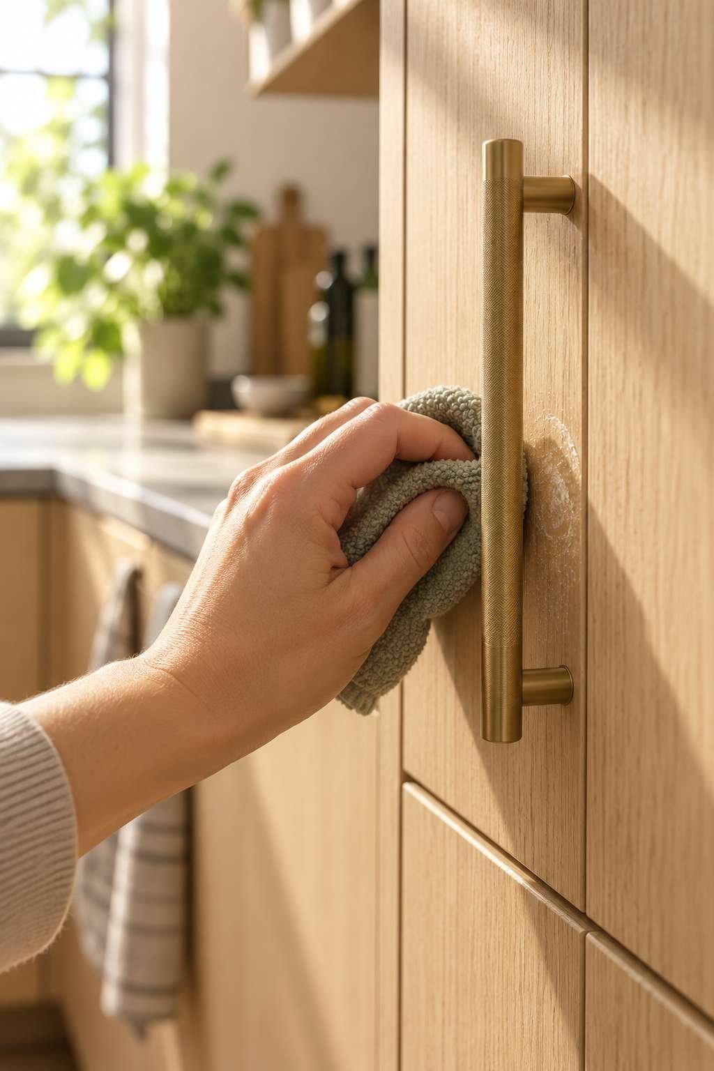 Scrubbing sticky residue near a wood kitchen cabinet handle