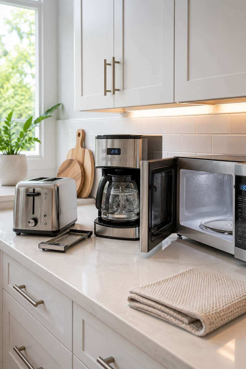 Clean toaster, coffee maker, and microwave on a bright kitchen counter