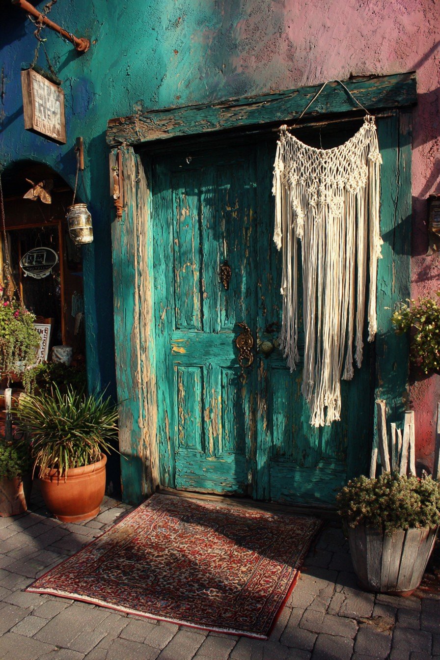 Distressed teal bedroom door with mismatched brass knob, macramé hanging, plants and Persian rug