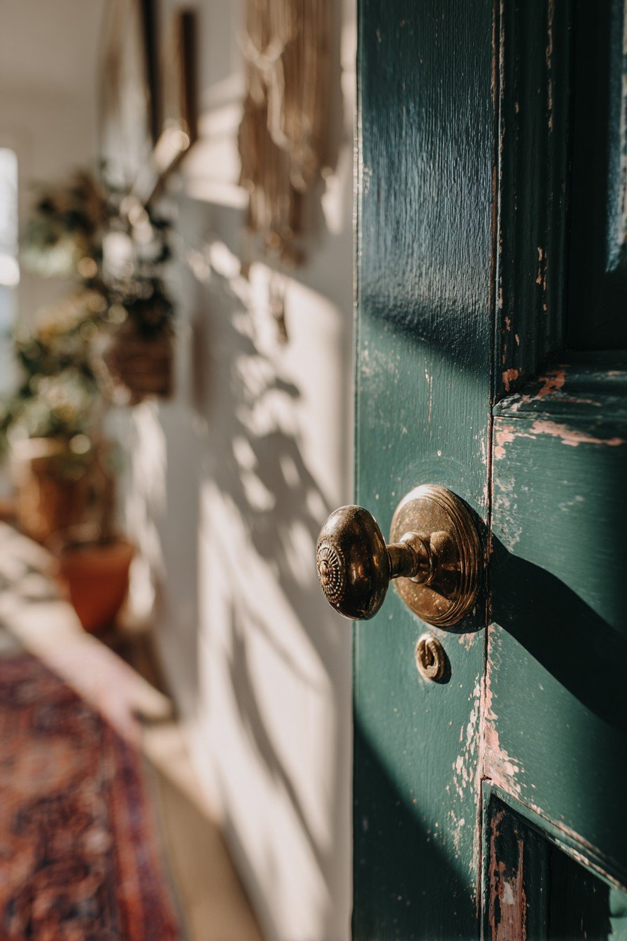 Distressed teal bedroom door with mismatched brass knob, macramé hanging, plants and Persian rug