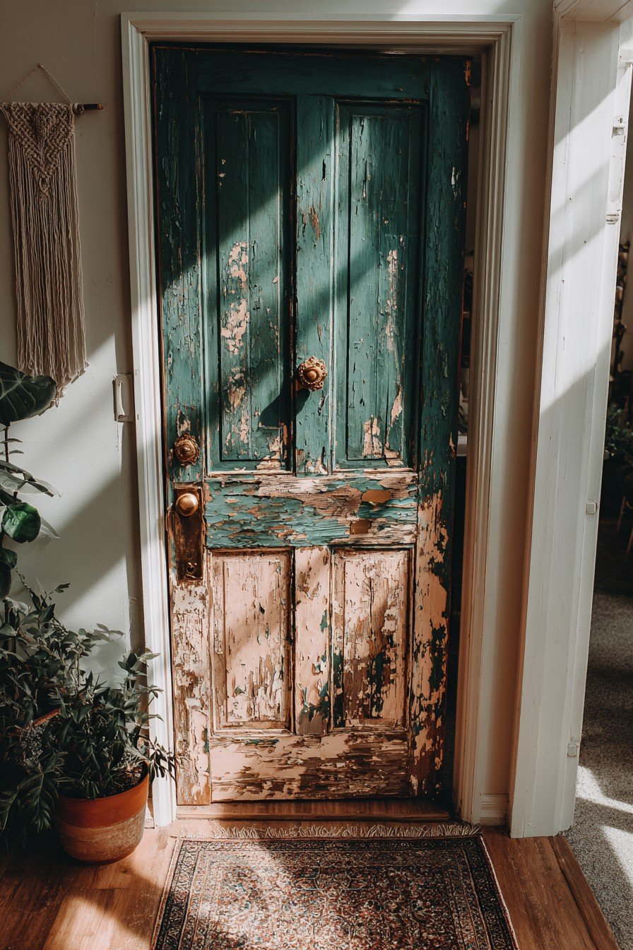 Distressed teal bedroom door with mismatched brass knob, macramé hanging, plants and Persian rug