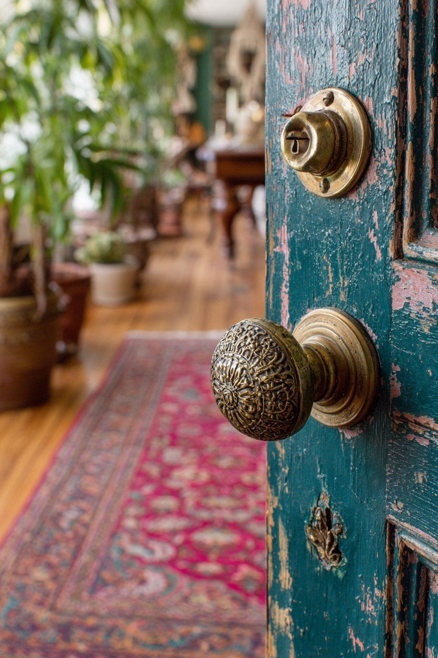 Distressed teal bedroom door with mismatched brass knob, macramé hanging, plants and Persian rug
