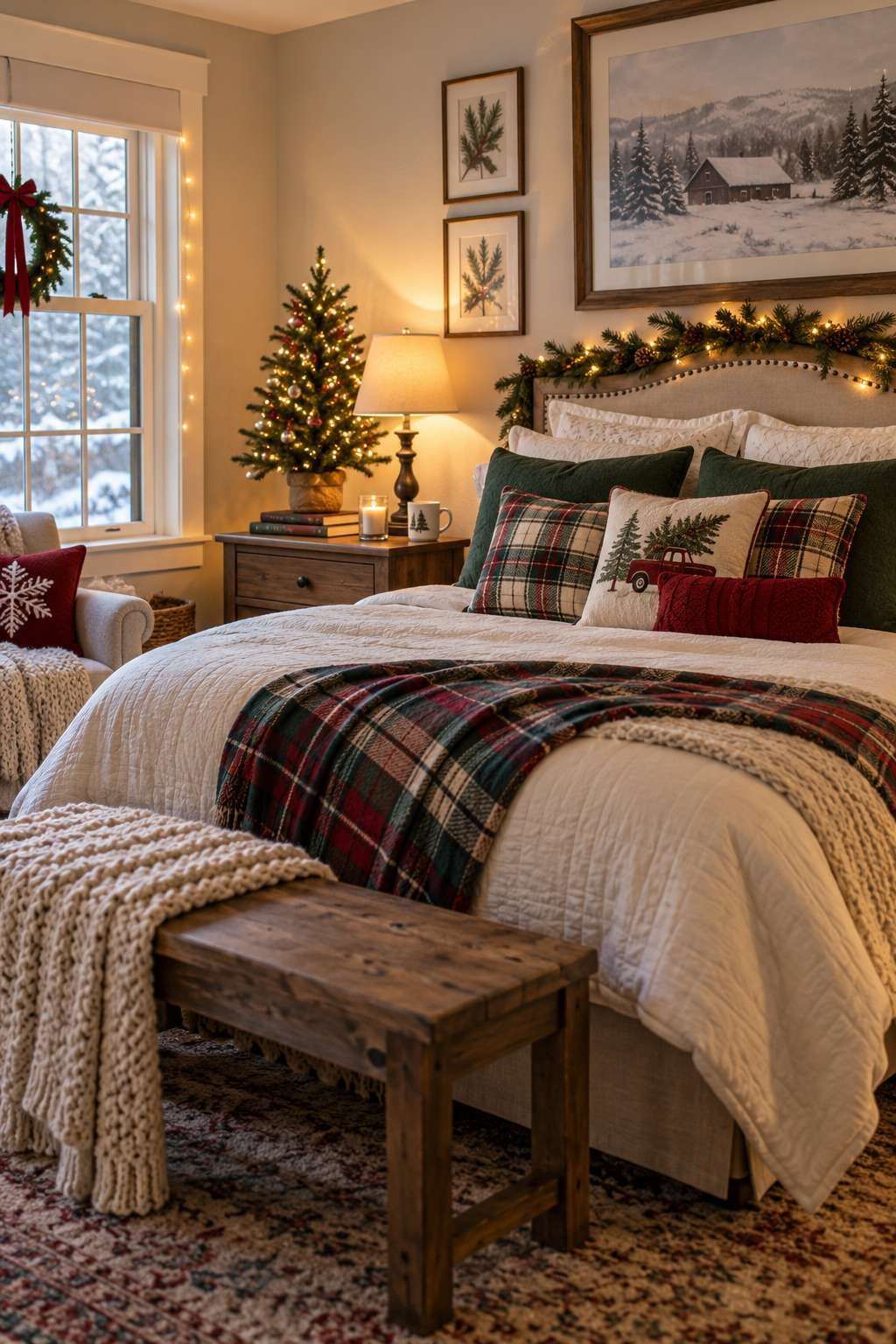 Guest bedroom decorated with a small tree and seasonal bedding