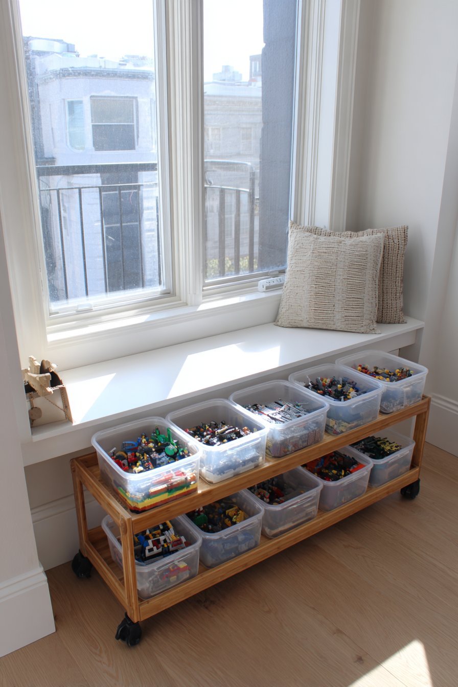 Bamboo rolling cart with white laminate top, four baseplates and three tiers of Lego containers by a window seat