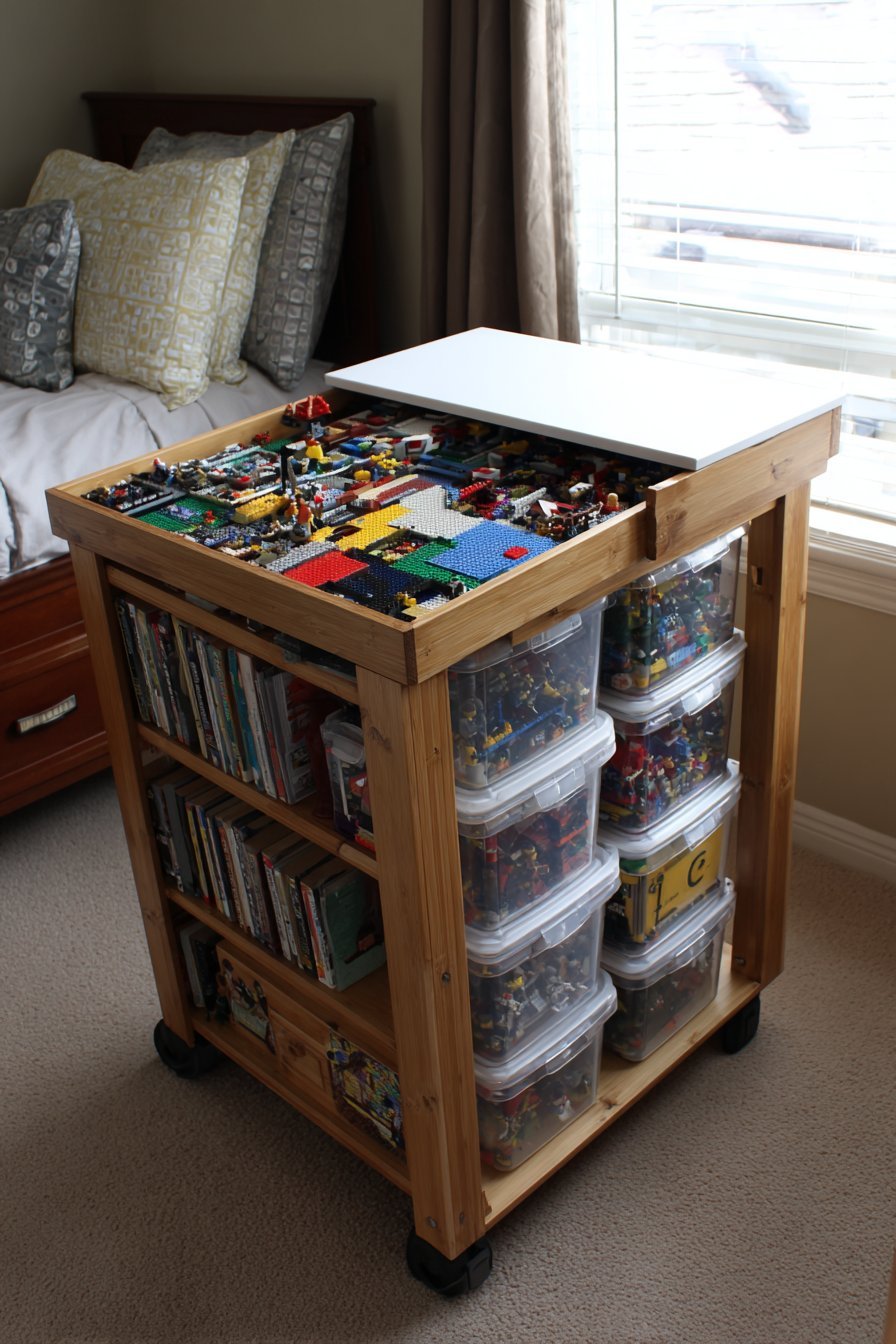 Bamboo rolling cart with white laminate top, four baseplates and three tiers of Lego containers by a window seat