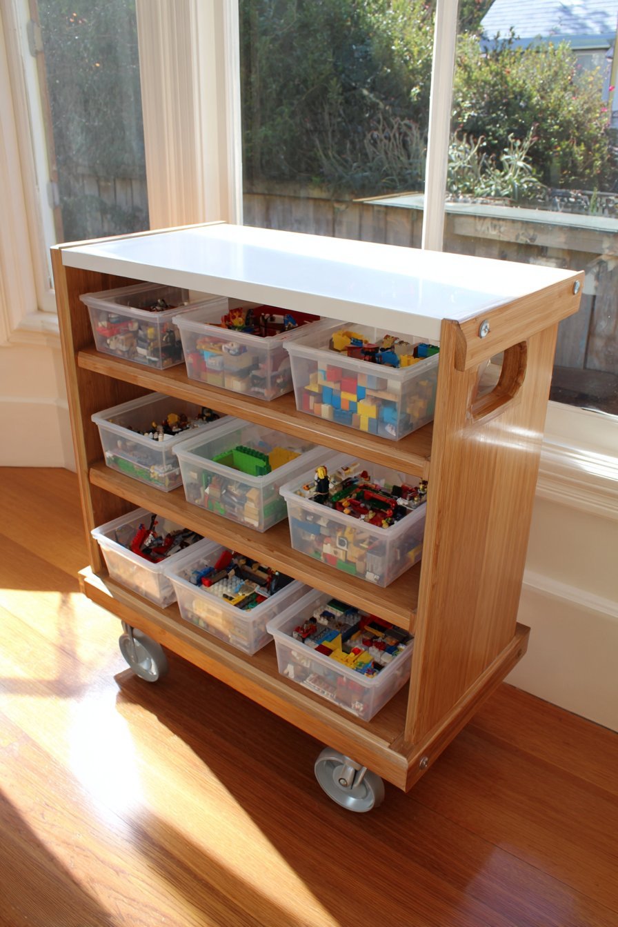 Bamboo rolling cart with white laminate top, four baseplates and three tiers of Lego containers by a window seat