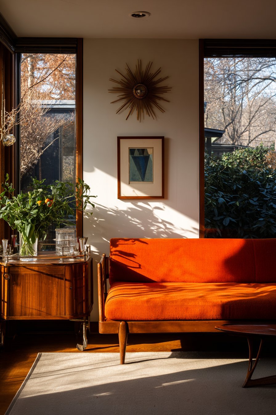 Mid-century living room with sunburst wall clock, teak-framed geometric prints and orange wool walnut sofa