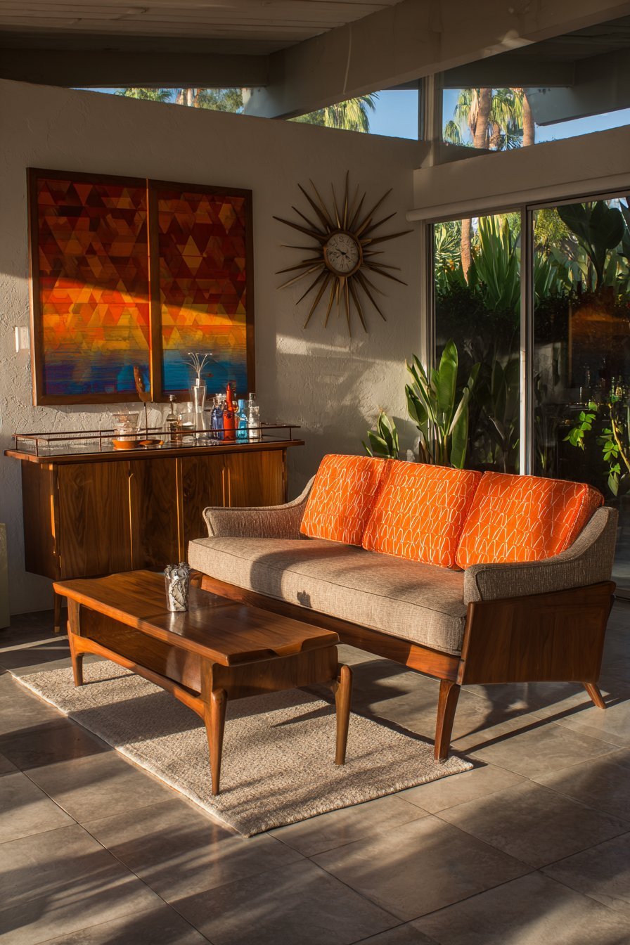Mid-century living room with sunburst wall clock, teak-framed geometric prints and orange wool walnut sofa