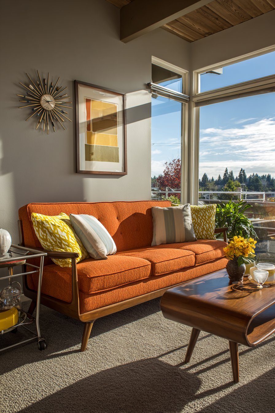 Mid-century living room with sunburst wall clock, teak-framed geometric prints and orange wool walnut sofa