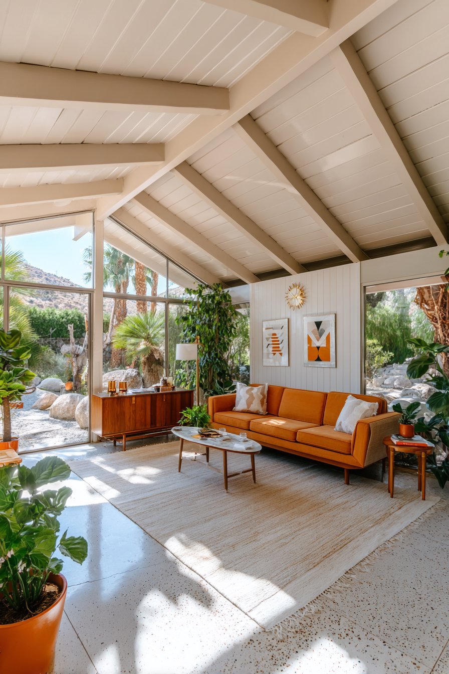 Mid-century living room with sunburst wall clock, teak-framed geometric prints and orange wool walnut sofa