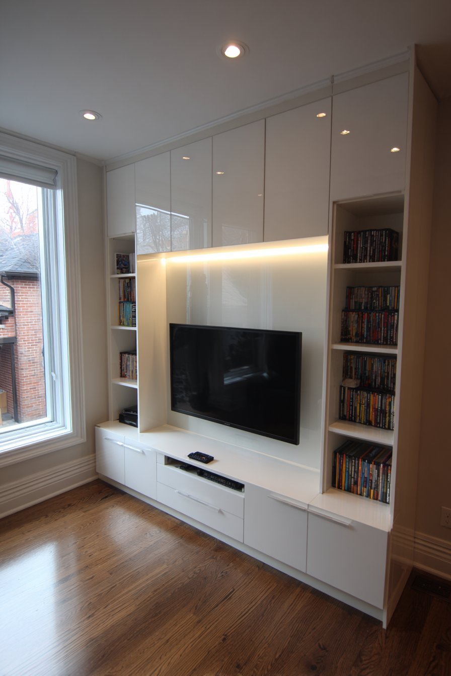 White high-gloss lacquer entertainment center with glass shelves, drawers and LED backlighting
