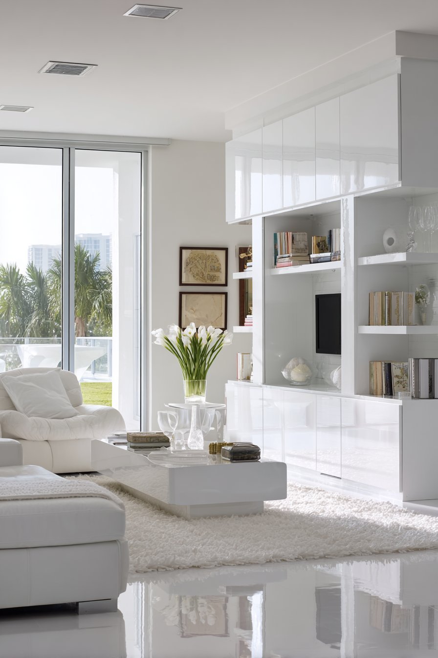 White high-gloss lacquer entertainment center with glass shelves, drawers and LED backlighting