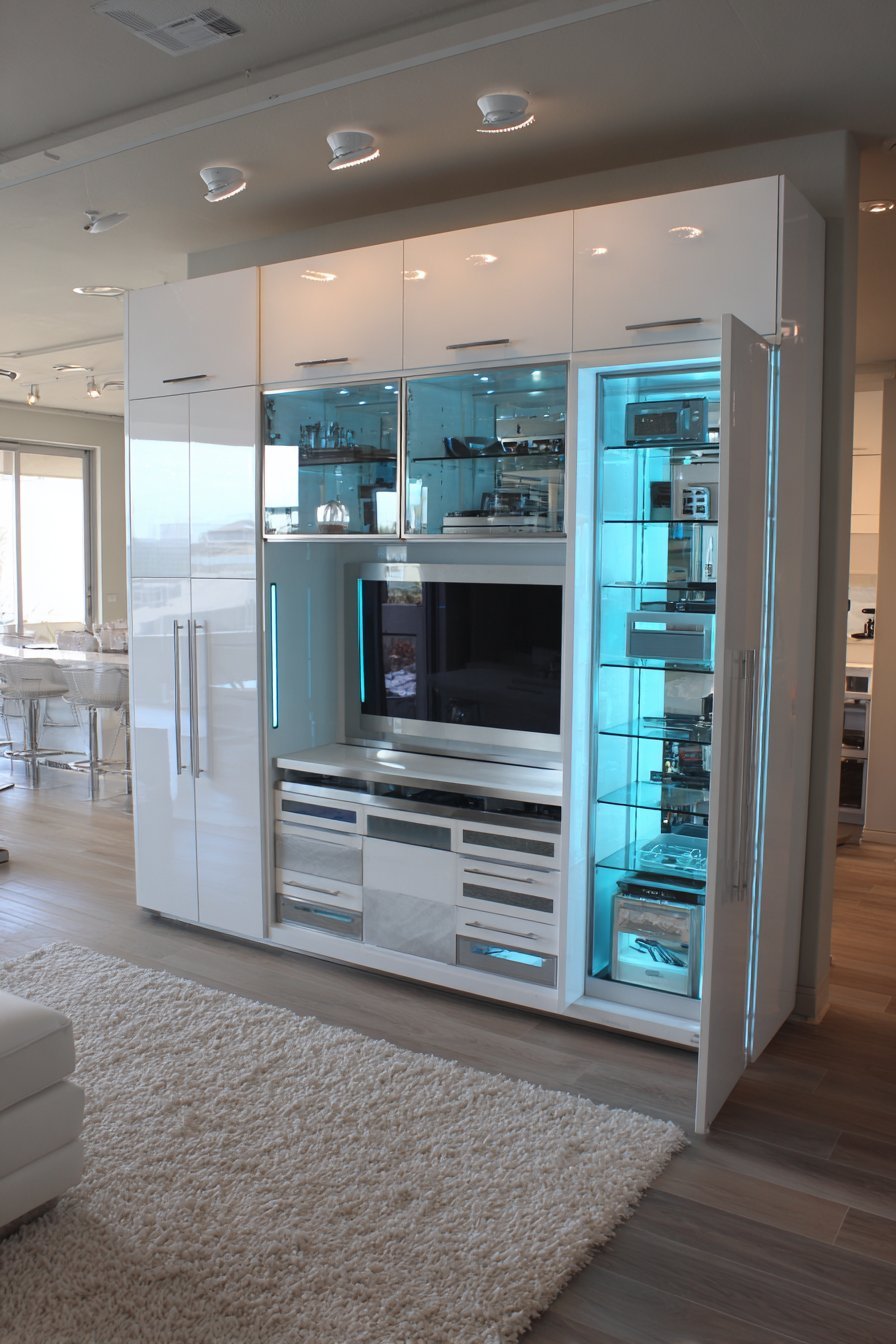 White high-gloss lacquer entertainment center with glass shelves, drawers and LED backlighting
