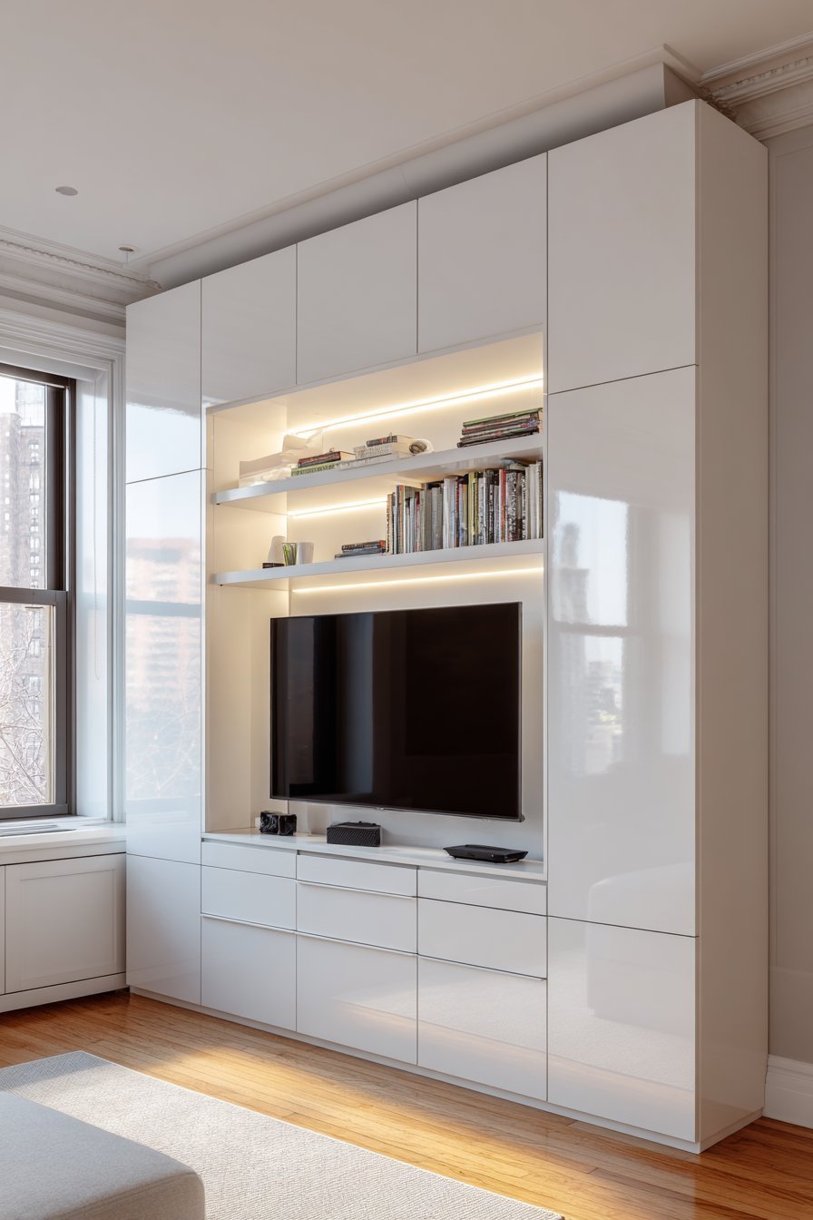 White high-gloss lacquer entertainment center with glass shelves, drawers and LED backlighting