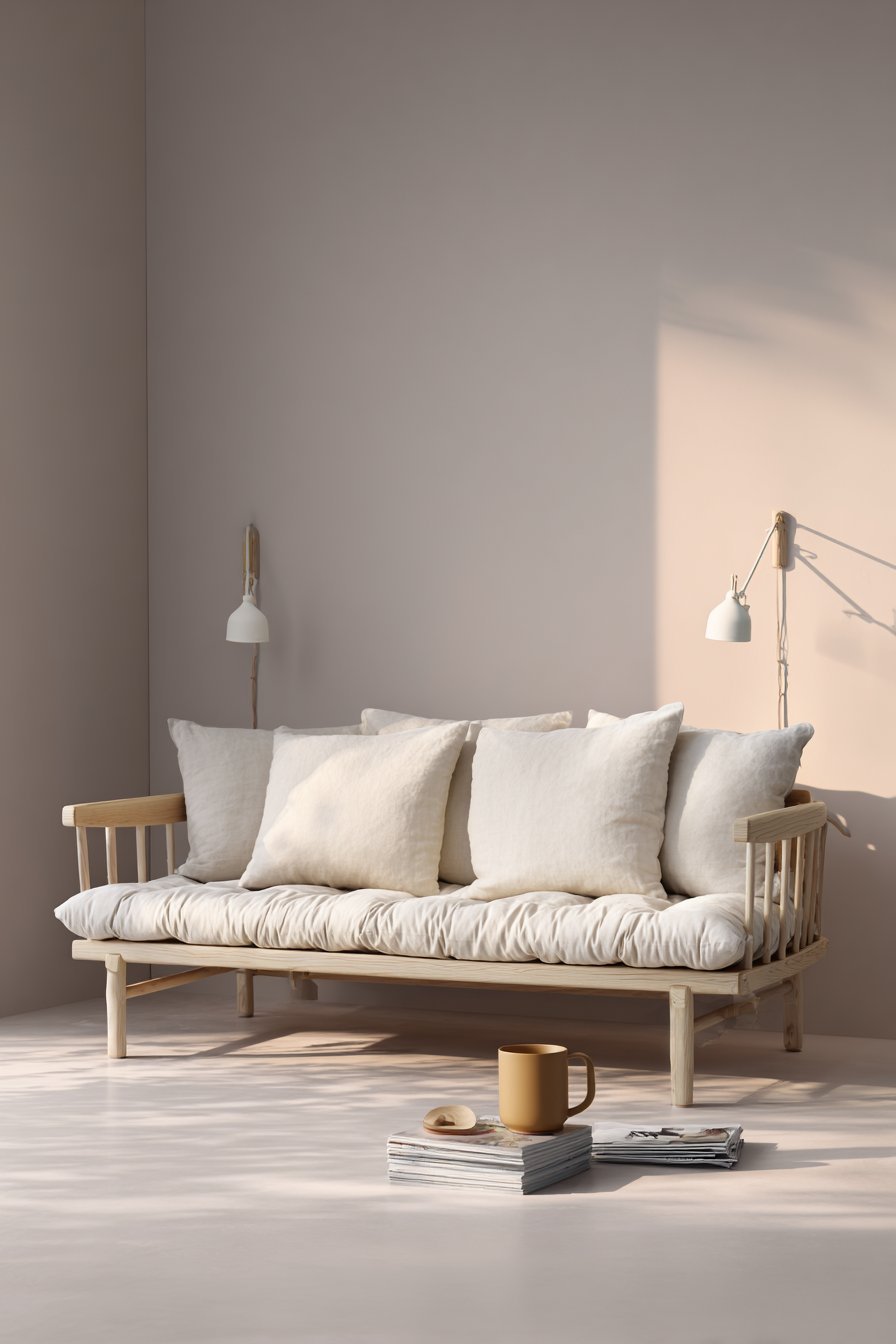White-washed oak daybed with canvas cushions, adjustable wall reading lights and ash side table