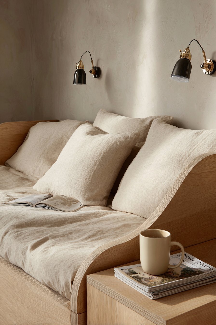 White-washed oak daybed with canvas cushions, adjustable wall reading lights and ash side table