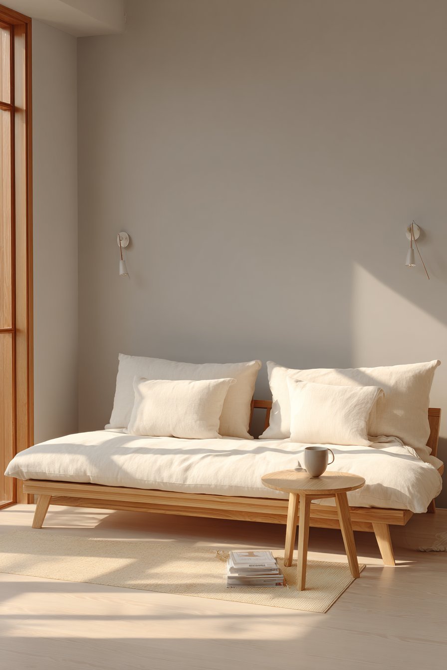 White-washed oak daybed with canvas cushions, adjustable wall reading lights and ash side table