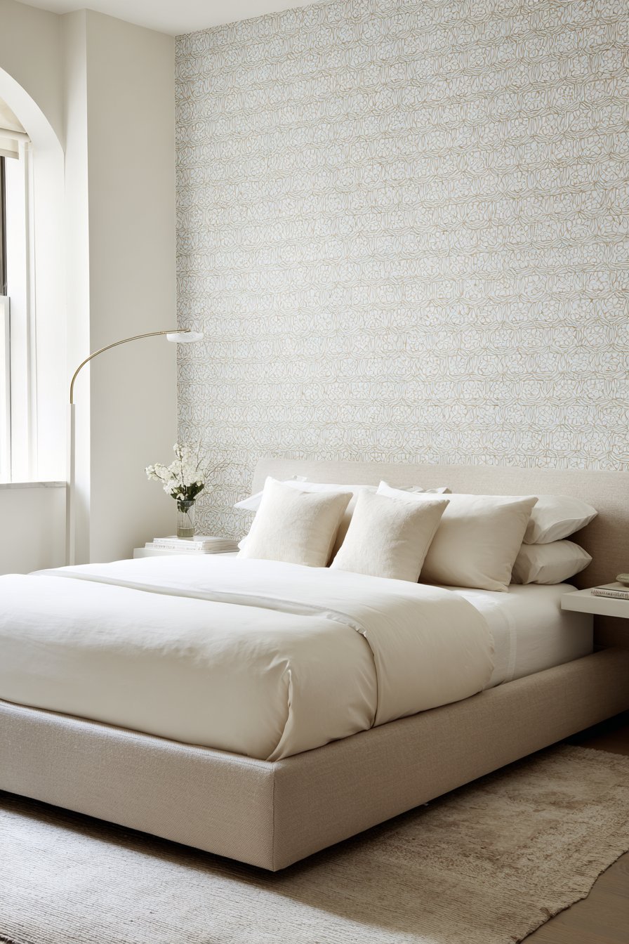 Grey and cream geometric wallpaper behind a taupe upholstered bed with floating shelves and arc floor lamp