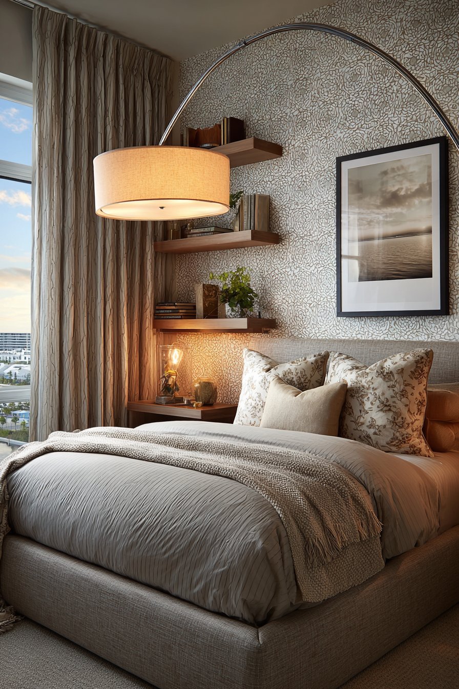 Grey and cream geometric wallpaper behind a taupe upholstered bed with floating shelves and arc floor lamp