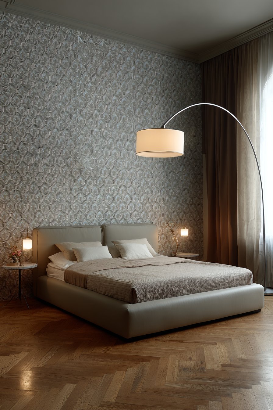 Grey and cream geometric wallpaper behind a taupe upholstered bed with floating shelves and arc floor lamp