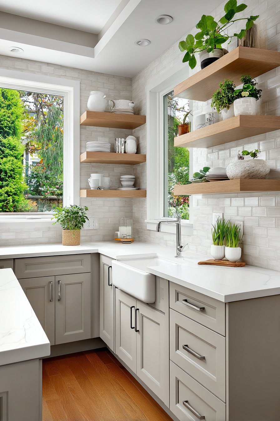 Wall-mounted fold-down prep table in a small kitchen with warm grey cabinets and fireclay farmhouse sink