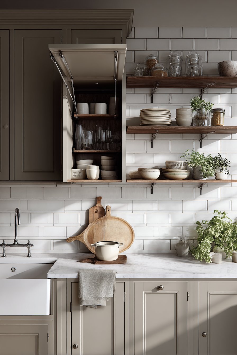 Wall-mounted fold-down prep table in a small kitchen with warm grey cabinets and fireclay farmhouse sink