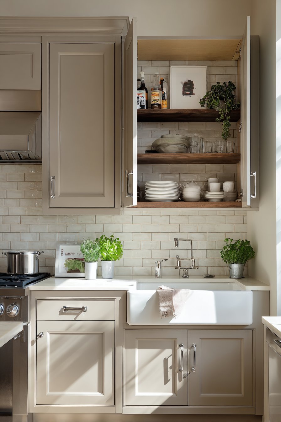 Wall-mounted fold-down prep table in a small kitchen with warm grey cabinets and fireclay farmhouse sink