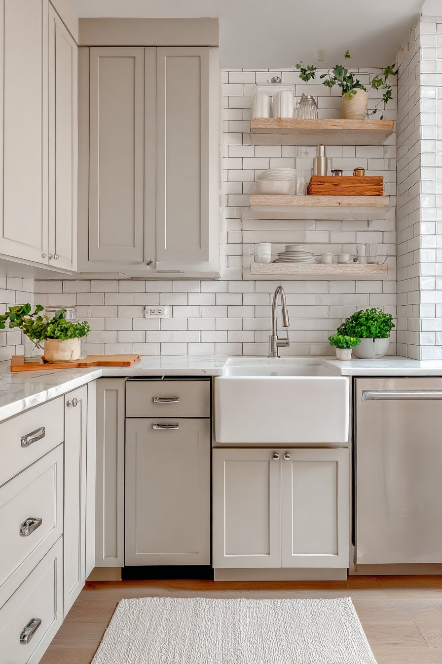 Wall-mounted fold-down prep table in a small kitchen with warm grey cabinets and fireclay farmhouse sink