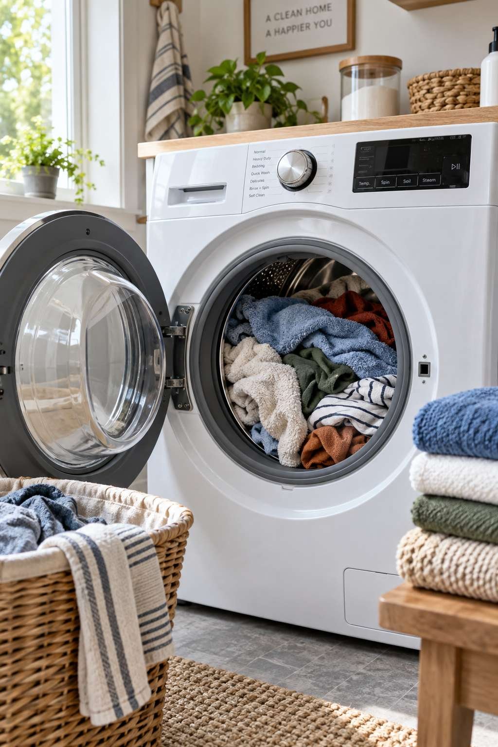 Mixed load of towels and clothing inside a washing machine drum
