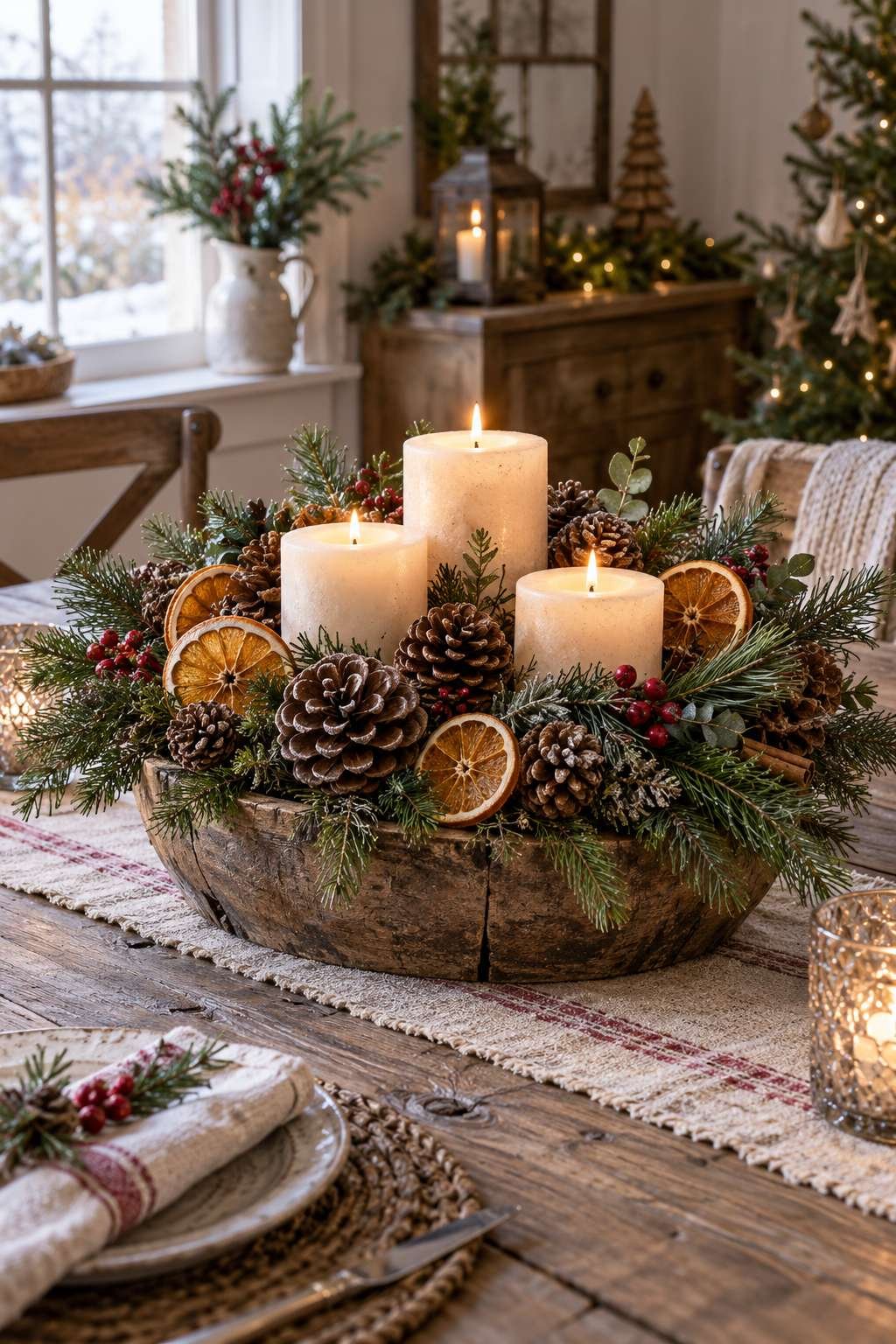 Natural centerpiece with pinecones and dried orange slices