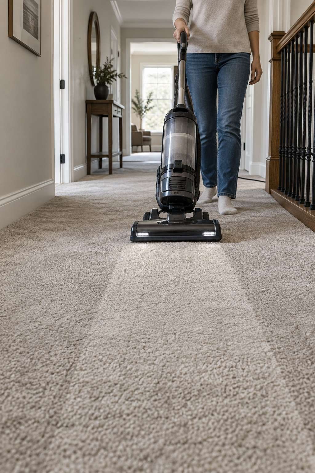 Vacuuming high-traffic carpet during a deep clean
