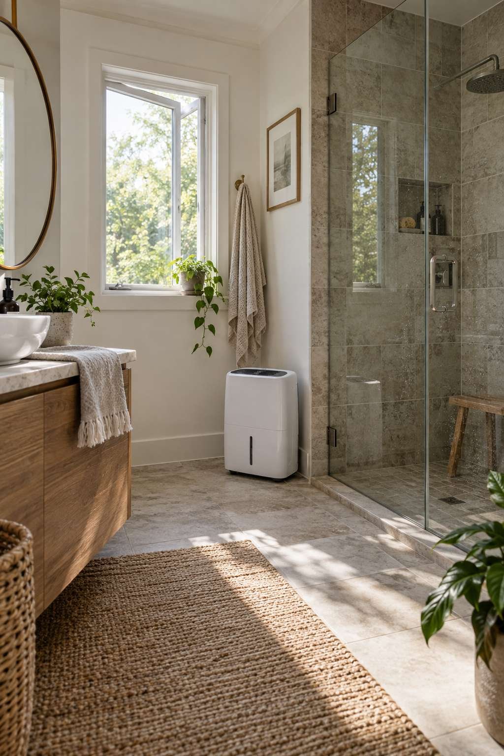 Bathroom with cracked window and dehumidifier improving airflow