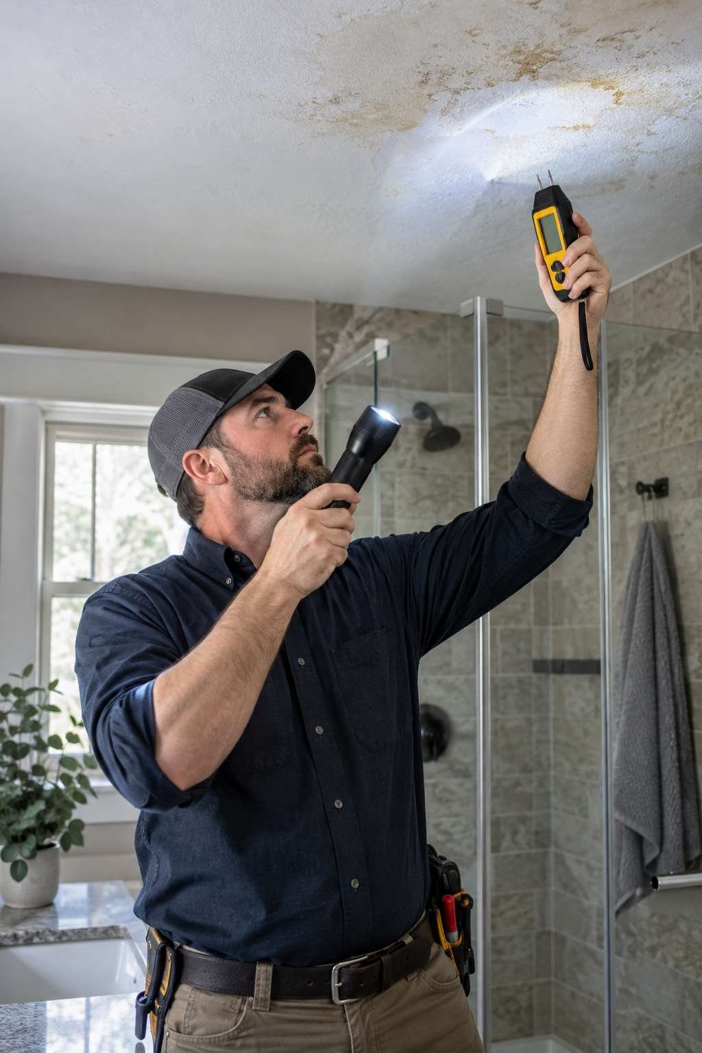 Professional inspecting a bathroom ceiling for hidden moisture damage
