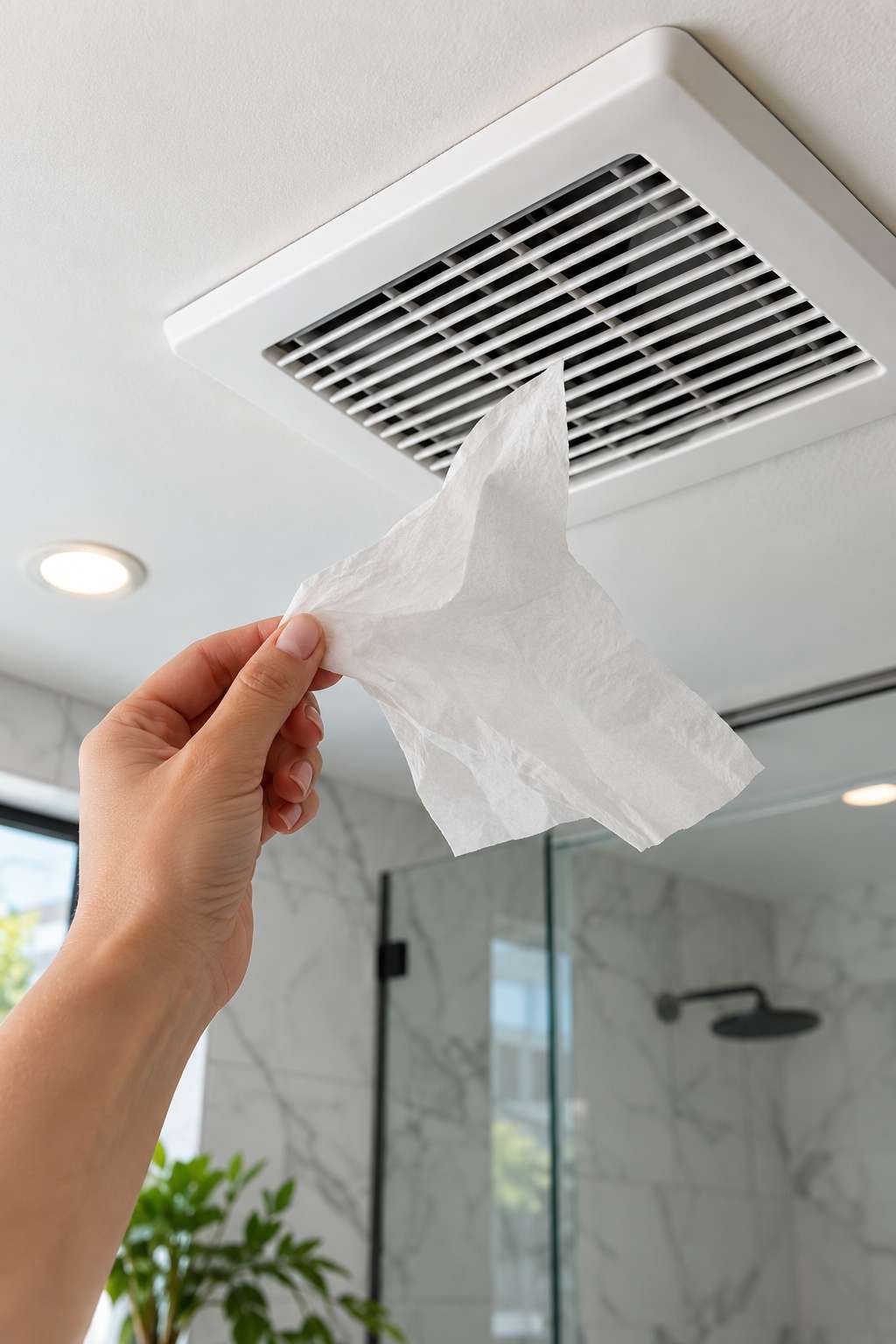 Testing airflow on a newly installed bathroom fan