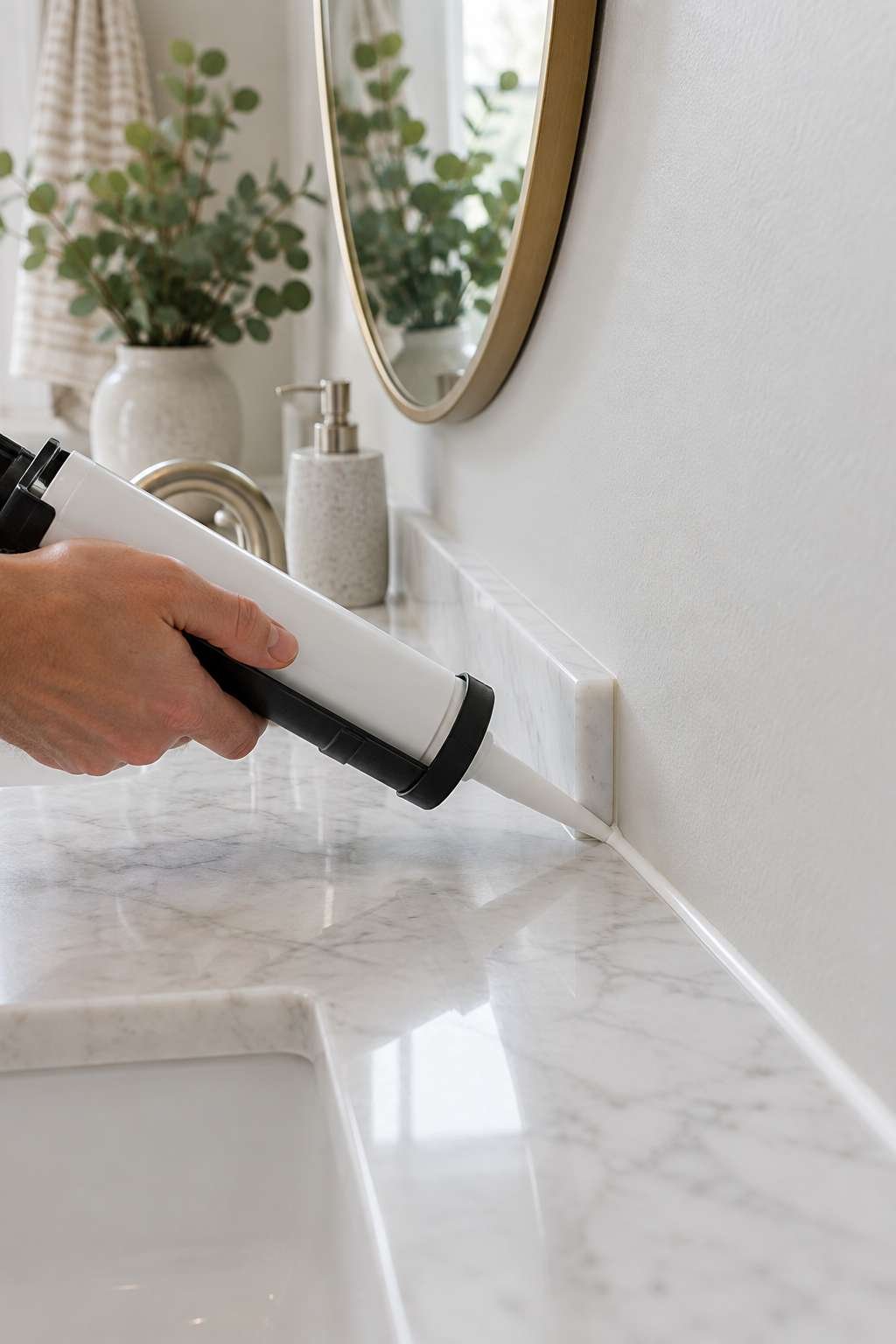 Smoothing a silicone caulk seam along a finished bathroom vanity backsplash
