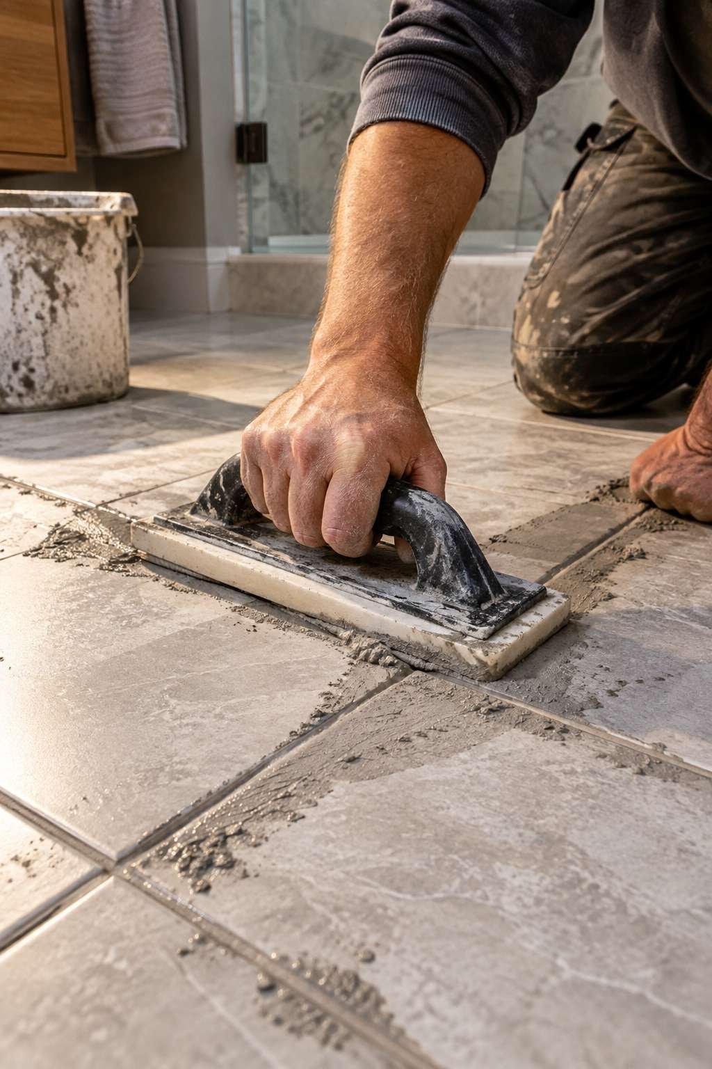 Applying grout to bathroom tile joints with a rubber float