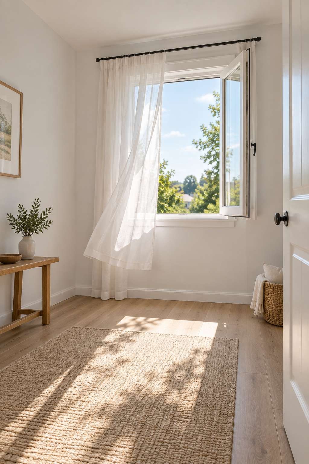 Freshly painted room with window open for ventilation after painting