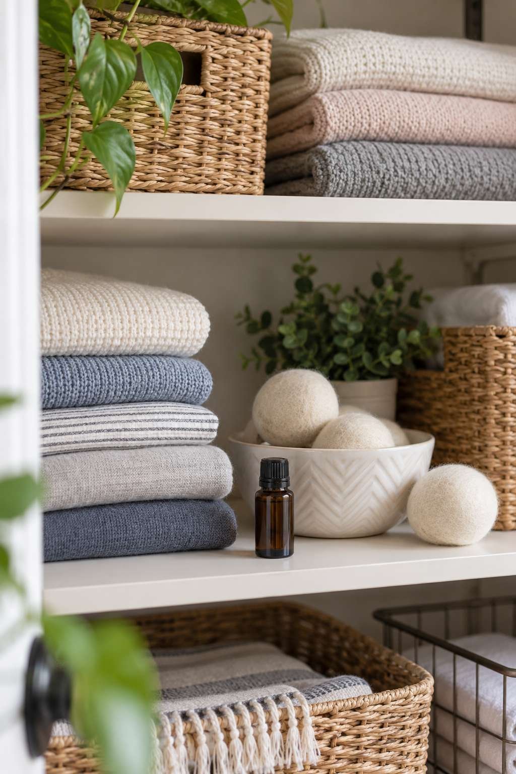 Folded laundry with wool dryer balls and essential oils for lasting freshness