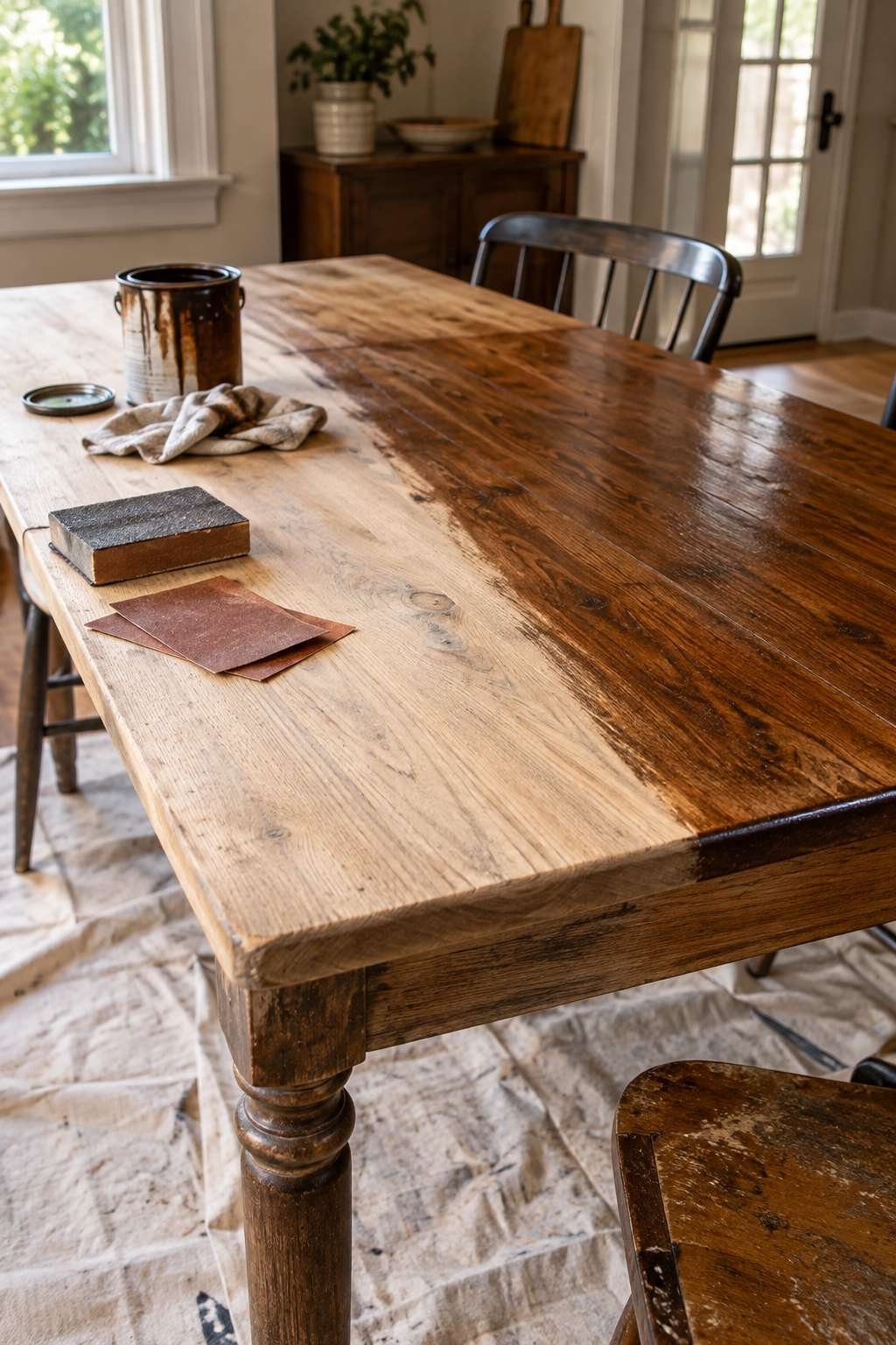 Kitchen table halfway through refinishing with new stain applied